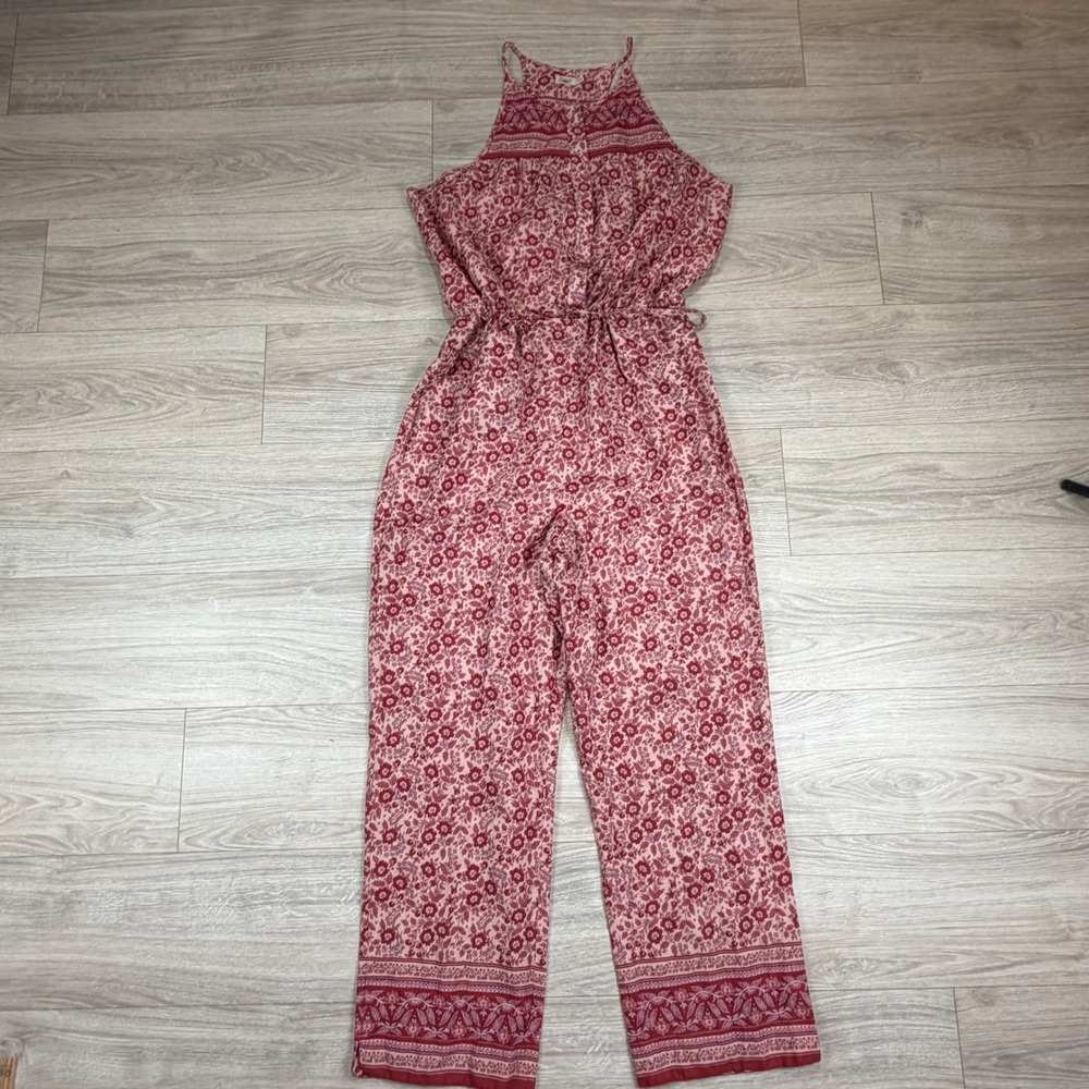 Faherty Womens XL Red Floral Organic Cotton Halter Wide Leg Jumpsuit Block Print